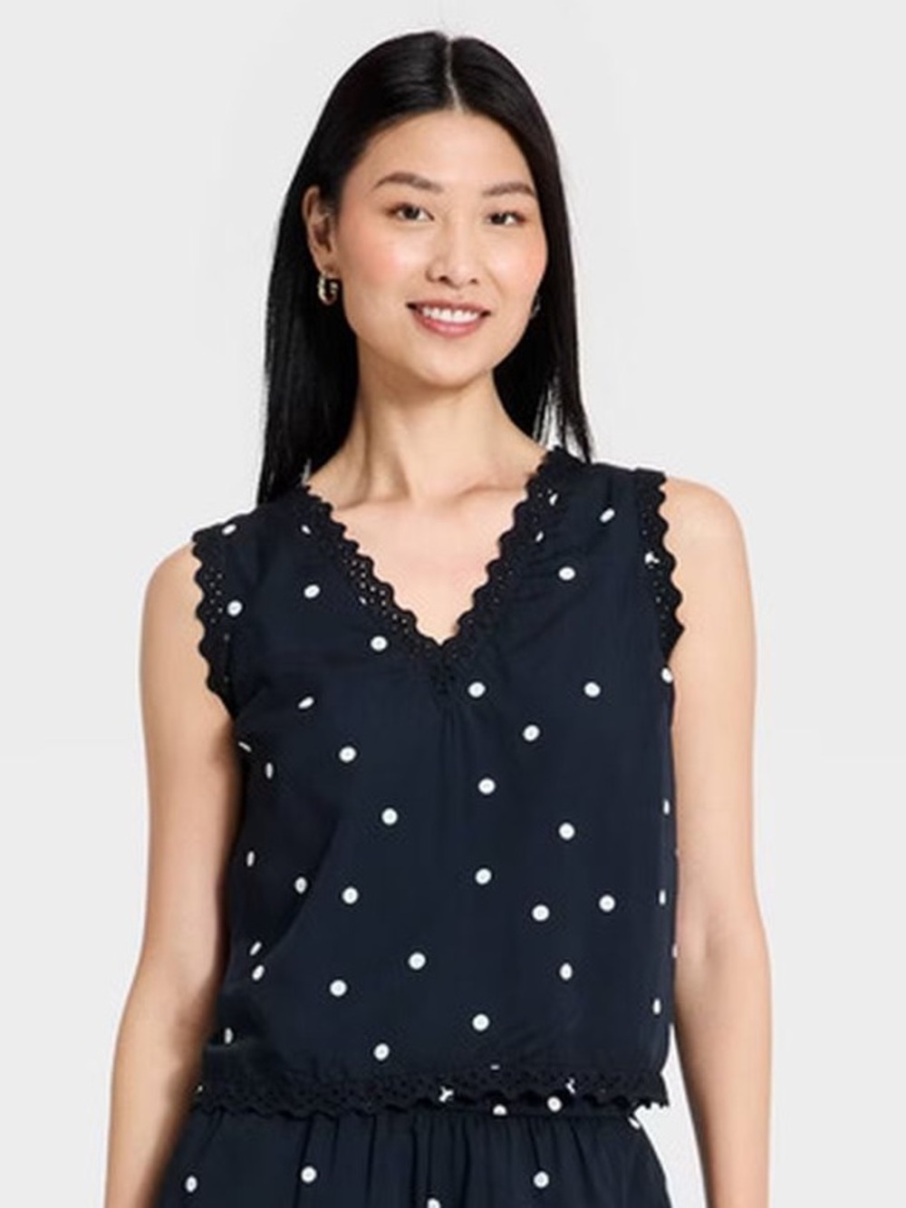 A New Day Navy Polka Dot Lace-Trim Sleeveless Cropped Top